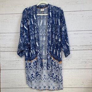 Knox Rose Blue/White Open Front Cardigan Kimono Duster, size M/L